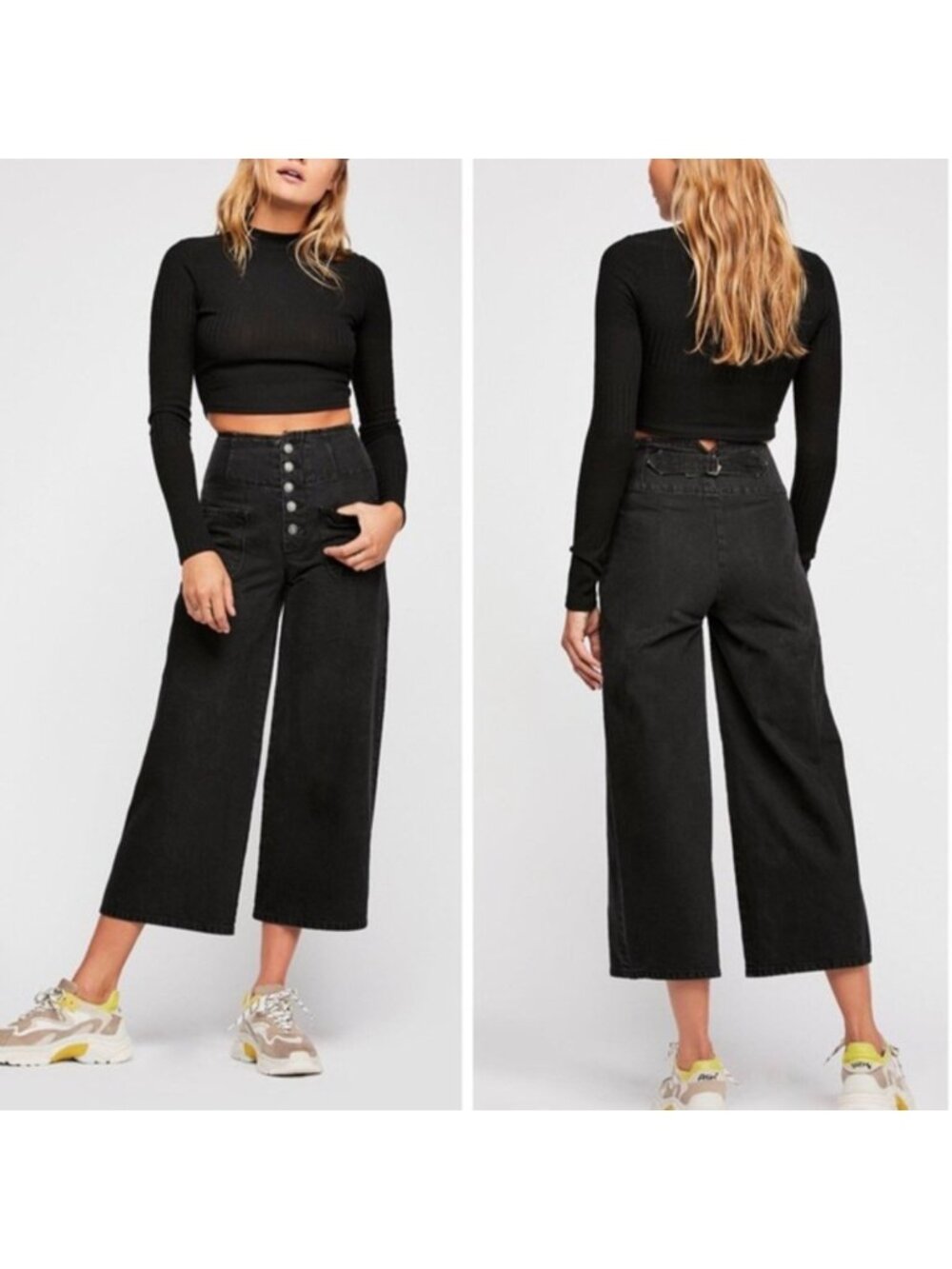Free People Always Sunny Wide Leg Crop Jean Denim Button Fly Black Casual 28